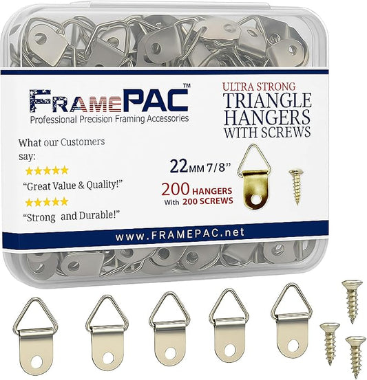 200 Pack Picture Hangers with Screws, Small Triangle Ring, D Rings for Clock, Decoration, Mirror, Paintings, Artwork Picture Frame