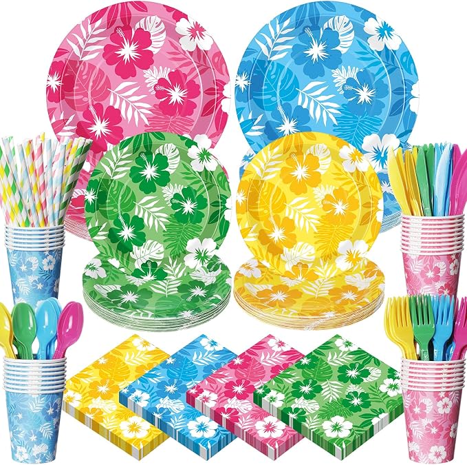 450 Pcs Hawaiian Luau Tableware Set Decorations Aloha Tropical Hibiscus Palm by Unknown