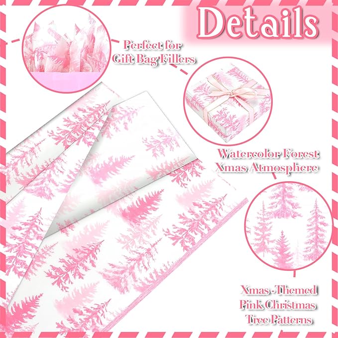 100 Sheets Christmas Tree Tissue Paper, 20x14in Forest Style Wrapping Tissue Watercolor Xmas Tree Art Tissue for Xmas Party Gift Bag Fillers Winter Party Decor (Pink)