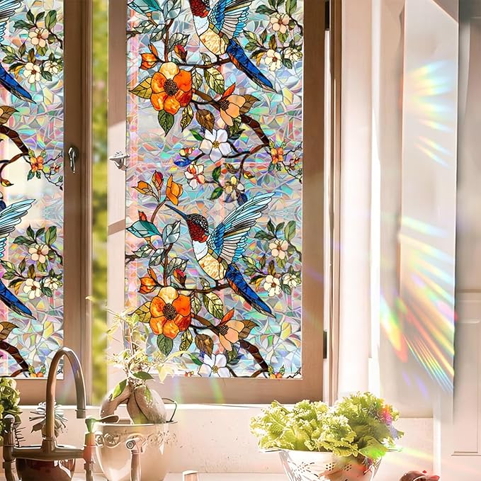 Stained Glass Window Film UV Resistant Window Privacy Film, Hummingbird Floral by Aomkmi