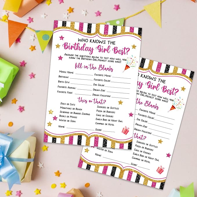 20 Pieces Who Knows The Birthday Girl Best Game Cards - Birthday Party Activity Game Card Set Girly Themed Party Activity and Idea - for Child or Teen - Girl Birthday Supplies, Activity, Decorations