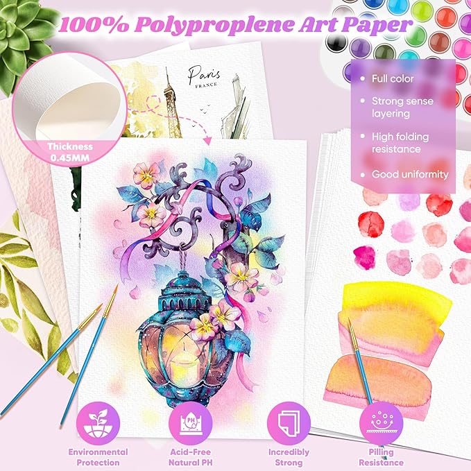 128 Sheets Watercolor Paper, Art Supplies for Kids, 7"x10" Cold Press Water Color Paper, 140lb/300gsm Artist Acrylic Painting Supplies for Adults, Watercolors, Paint Set, Colors, Sketchbook, Journal