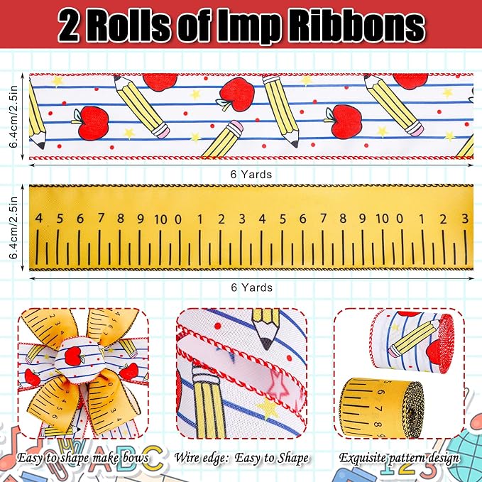 2 Rolls Back to School Wired Edge Ribbons, 12 Yards Apple Pencil Stripe - Image 2