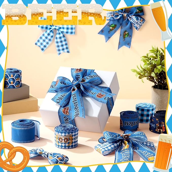 12 Rolls Oktoberfest Wired Edge Ribbon for Wreaths 2.5 Inch x 30 Yards Blue and White Print Grosgrain Ribbon Bavarian German Beer Crafts for Oktoberfest Party Decorative Supplies, 12 Styles