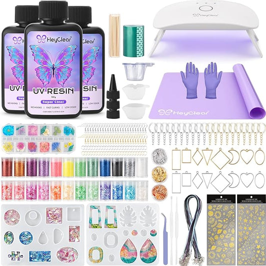 HeyClear UV Resin Kit with Molds and UV Light for Jewelry Making -300g Super Clear, Hard, Low Odor, Premixed and Fast Curing for Earrings, Craft Decorations, DIY Creation Gifts
