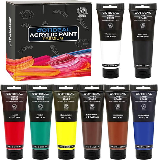 GOTIDEAL Craft Acrylic Paint Set,8 Primary Colors（(120ml,4 oz) Rich Pigments Non-Toxic Washable, Professional Paint for Pouring on Canvas, Rocks, Ceramic, Fabric, Leather, Ideal for Artist, Adults