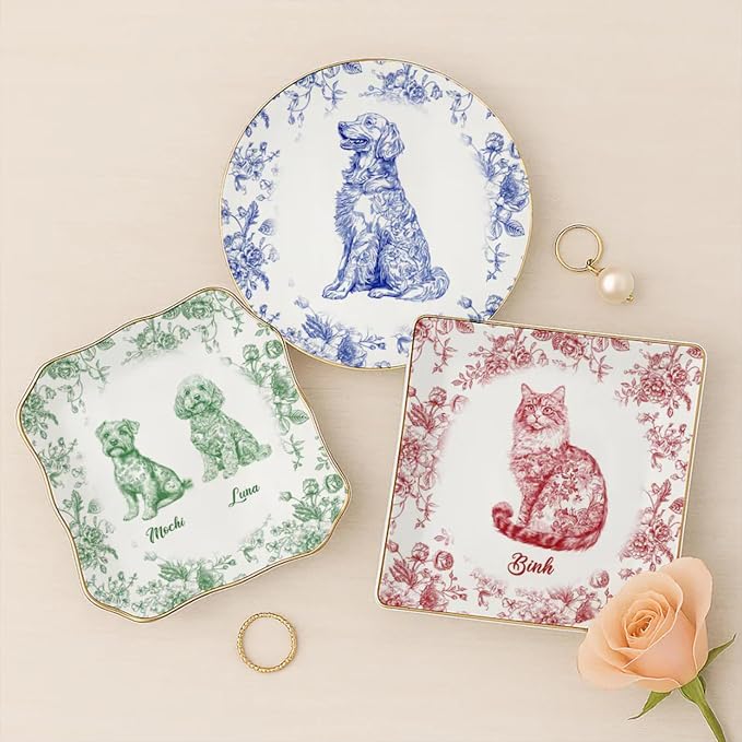 Custom Puppy Portrait Jewelry Dish, Toile De Jouy Pet Ring Dish, Personalized by Unknown