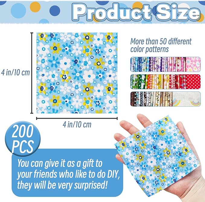 200 Pcs 4" x 4" Cotton Craft Fabric Bundle Squares, Sewing Scrapbooking - Image 2