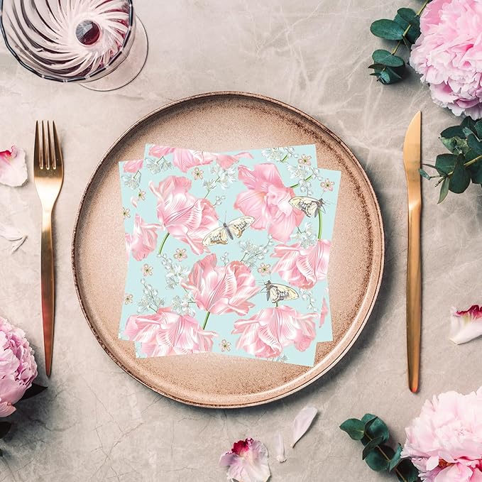20-ct 13x13 Flowers Paper Luncheon Decoupage Napkins, 3-Ply Servilletas Printed Flower Pink Tulips Cocktail Napkin for Art, Dinner and Party, Disposable Napkins Decor