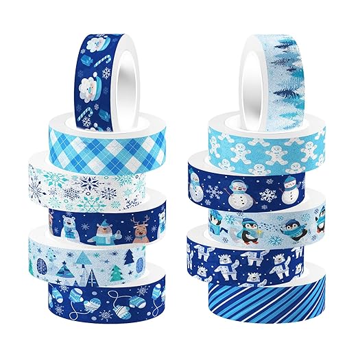 12 Rolls Winter Washi Tape Set Blue White Snowflake Snowman Holiday Masking Tape Xmas Tree Reindeer Penguin Holiday Decorative Tapes for Scrapbook Journal DIY Craft Gift Wrapping Party Decor 16.4FT