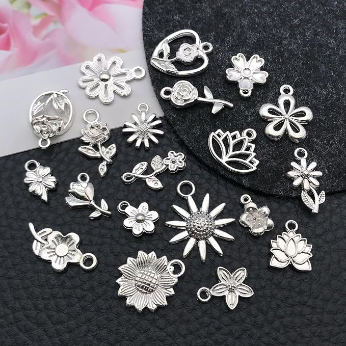 WOCRAFT 60pcs Bright Silver Flowers Bracelet Charms - Image 3