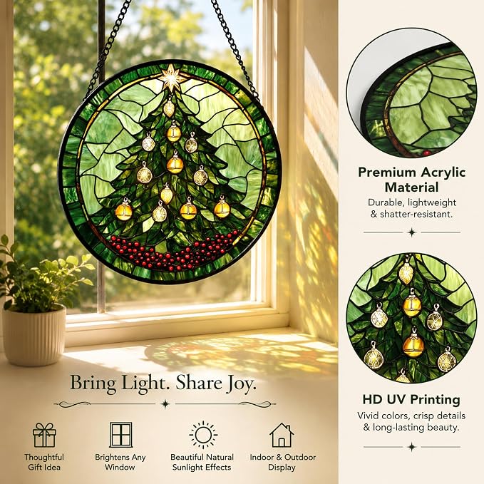 Christmas Tree Acrylic Suncatcher Faux Stained Glass Window Hanging 9.8" | - Image 5