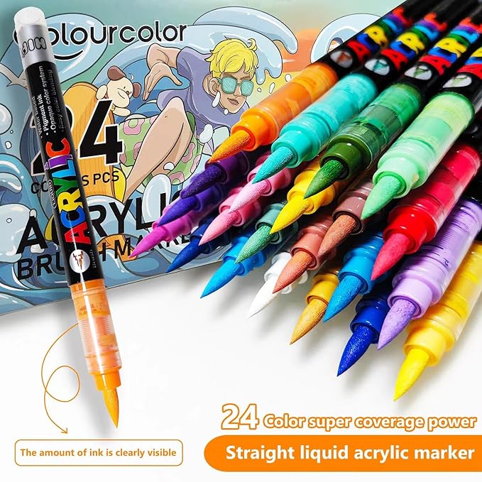 24 Colors Acrylic Paint Pens, Non-Bleeding Brush Tip Markers Pens for Glass, Canvas, Stone, Rock Painting, Wood, Ceramic Surfaces, DIY Crafts Making Art Supplies