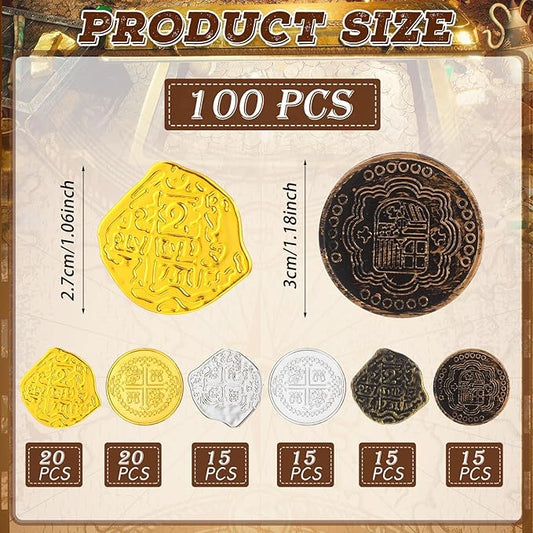 Hanaive 100 Pcs Pirate Coins Plastic Coins Kids Fake Play Coins Replica Spanish Doubloons St. Patrick's Coin for Pirate Party Treasure Chest Board Games Tokens Toys Cosplay (Gold, Silver, Bronze)