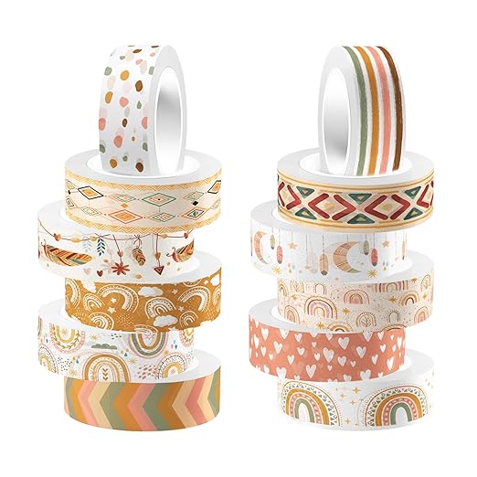 12 Rolls Washi Tape Set, Retro Boho Vintage Colored Rainbow Sun Stars Masking Tapes, Doodle Hand-Drawn Decorative Adhesive Tapes for Planners, Scrapbook, Journal, DIY Art Crafts, Gift Wrapping 16.4Ft