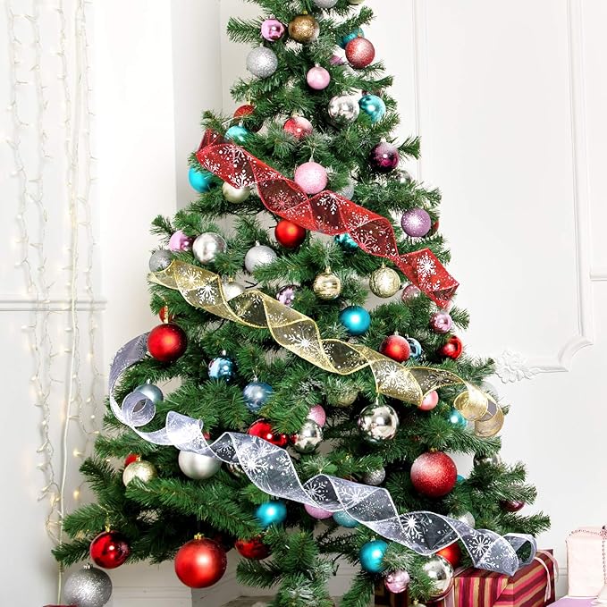 2.5 Inch Wide Christmas Wired Ribbon Snowflake Organza Sheer Glitter Ribbon for Xmas Tree, Wreath, Party Decoration, Gift Wrapping (Golden, 21.9 Yards)