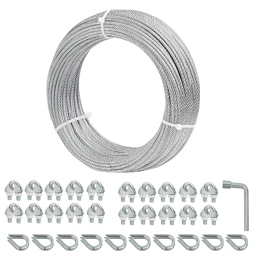 1/8 Galvanized Steel Wire Rope Cable, 100FT Galvanized Steel Cable with Rope Clamp and Thimble, 7X7 Strand Core Aircraft Cable Used for Anchored Shed, Fencing, Sunshade, Clothesline,
