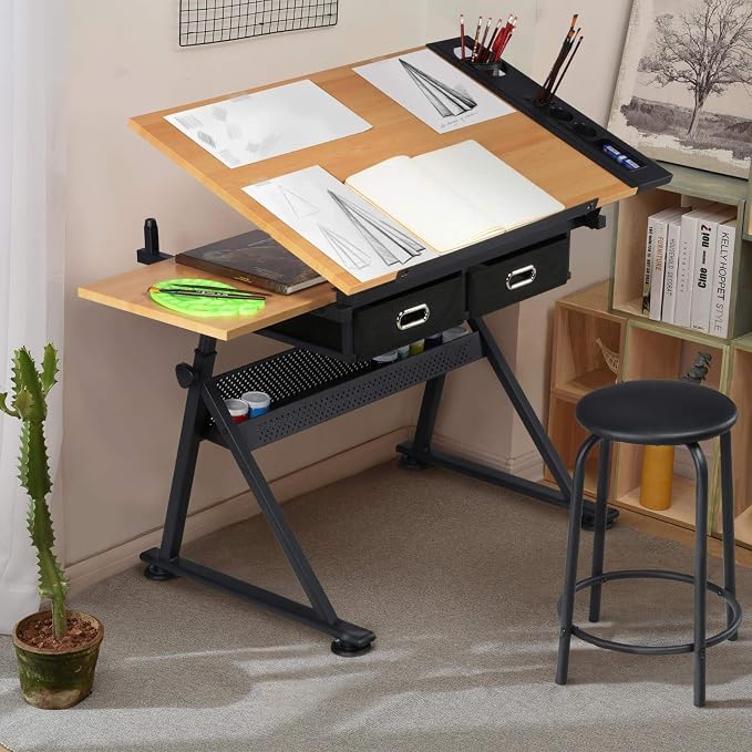 Yaheetech Adjustable Drafting Table Art Desk, Storage Drawers & Stool, Wood | - Image 4