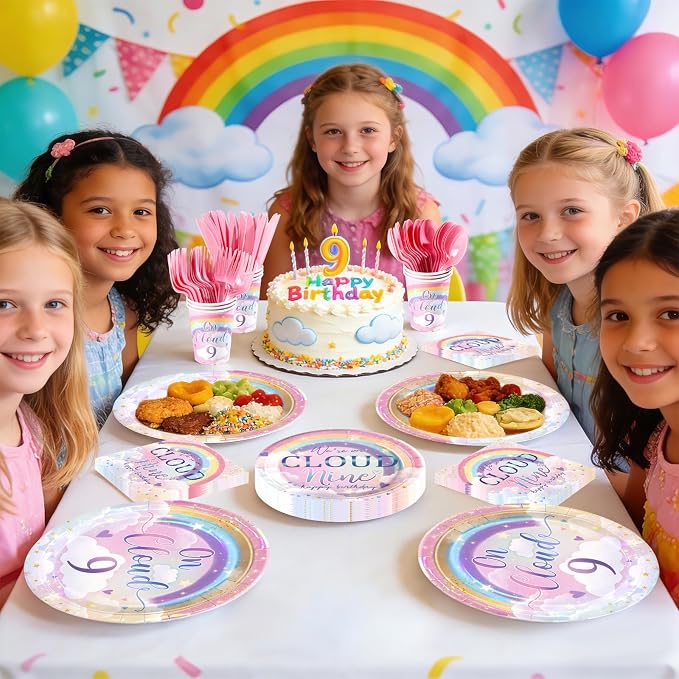 168Pcs on Cloud 9th Birthday Party Supplies Rainbow Clouds Nine Plates and - Image 6