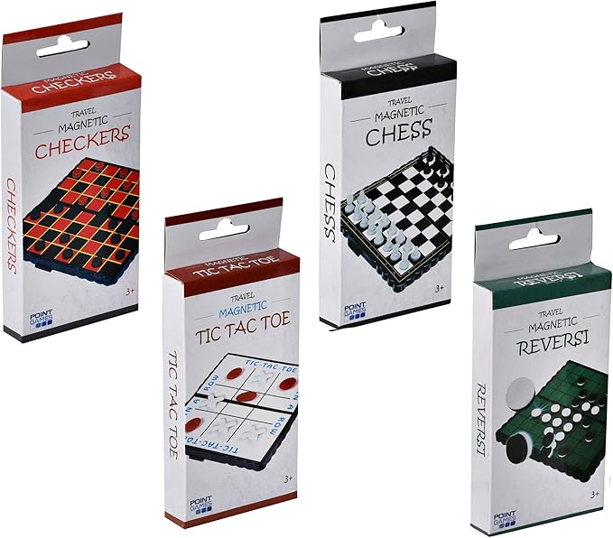 Point Games Travel Board Game Set - Bundle Pack of 4 Classic Magnetic Games, Stocking Stuffers for Kids Includes Individual Boards & Pieces