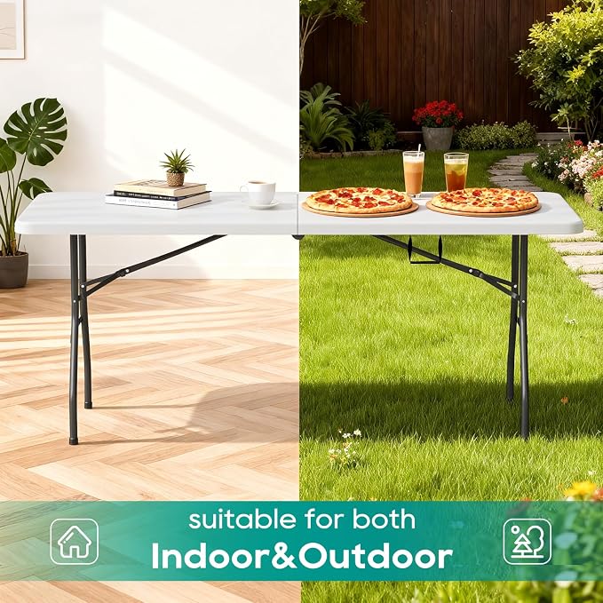 FDW 6FT Folding Table, Portable Fold-in-Half Plastic Picnic Party Table - Image 7
