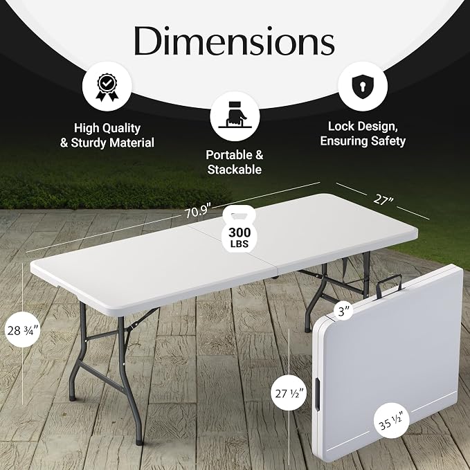 6 Feet Foldable Table with Built in Handle & Steel Legs | 6FT Heavy Duty - Image 3