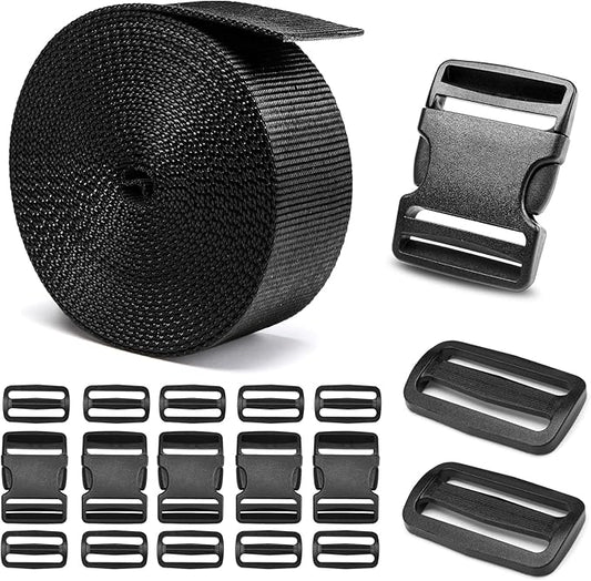 2" Heavy-Duty Buckle & Straps Set: 6-Pack Side Release Plastic Buckles, 6 Yards of Thick Nylon Webbing, 12 Tri-Glide Slide Clips, No Sewing Required (2" Combo Set)
