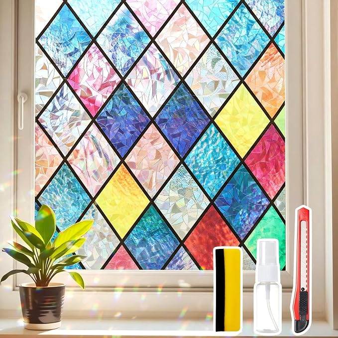 Window Privacy Film Stained Glass 23.6" x 78.7" Rainbow | Static cling – no glue by Unknown