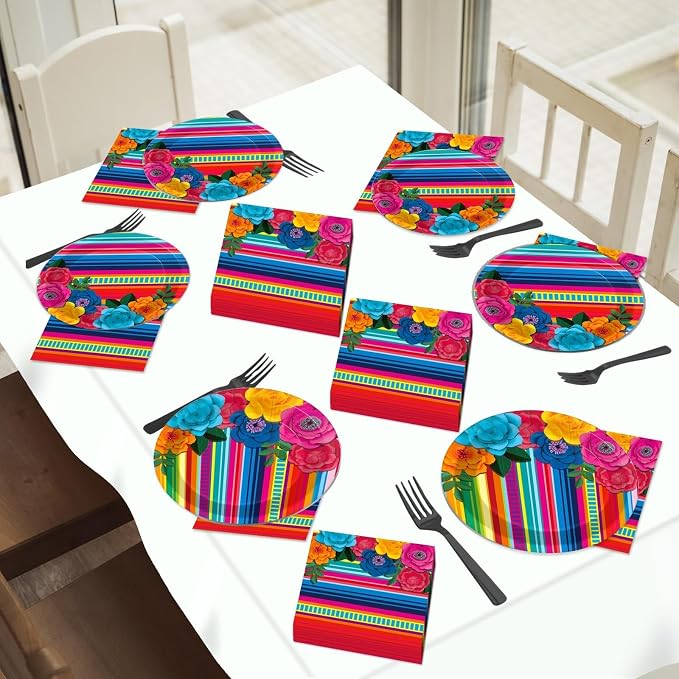 200pcs Mexican Fiesta Plates Napkins Floral Paper Tableware Set Fifth of May - Image 7