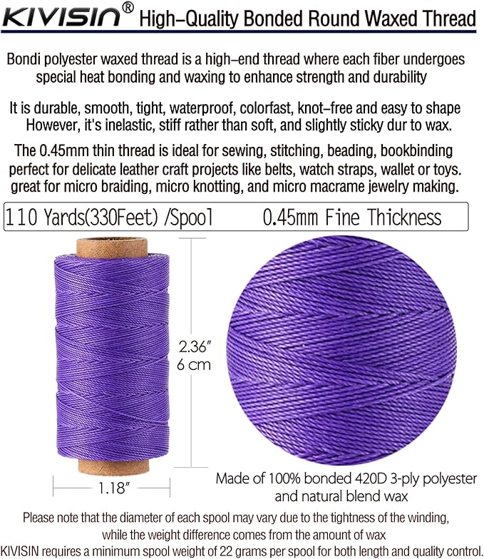 12 Multicolor Round Waxed Thread, 0.45mm Thin and Stiff Wax Strings, 110 Yards/Spool, Polyester Waxed Cord for Fine Leather Sewing, Binding, Crafting, Bracelets and Micro-Macrame Jewelry Making