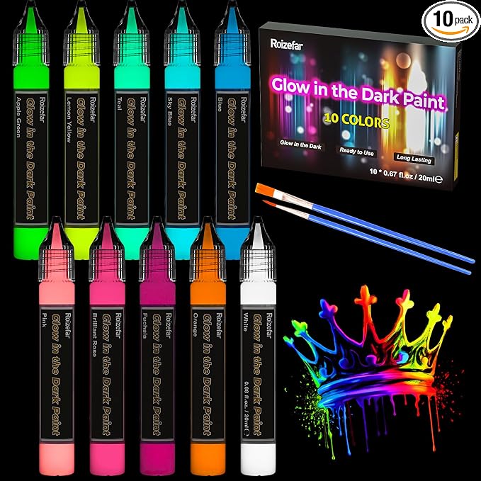 Roizefar Glow in the Dark Paint, 10 Colors 3D Permanent Acrylic Fabric Paints by Roizefar