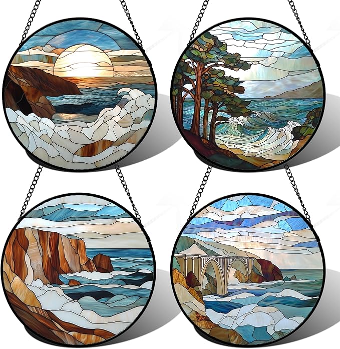 DASTOLL Stained Glass Window Hanging 4 Pcs Set Ocean Waves 9.8" by DASTOLL