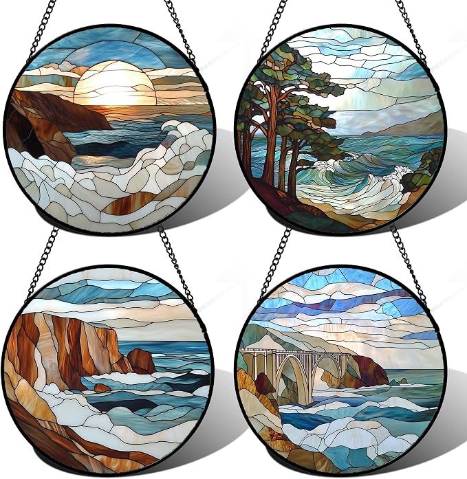 DASTOLL Stained Glass Window Hanging 4 Pcs Set Ocean Waves 6.3" by DASTOLL