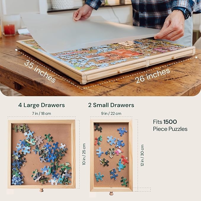 Gondola 1500 Pieces Puzzle Board with Mug Holders, 6 Drawers and Cover, Sturdy Jigsaw Puzzle Table Tray, 26"x35" Portable Wooden Jigsaw Puzzles Accessories, Jig Saw Home Holder Organizer Boards