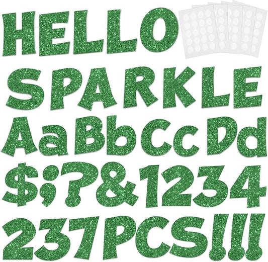 237 Pcs Glitter Bulletin Board Letters, Numbers and Punctuation, Poster Board Letters Alphabet Cut Out Cardboard Letters Accessories for Classroom Display Decorating Supplies 4inch (Green)