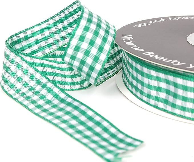 Green Gingham Plaid Checked Ribbon 25 Yards Each Roll 100% Polyester (5/8",Green)
