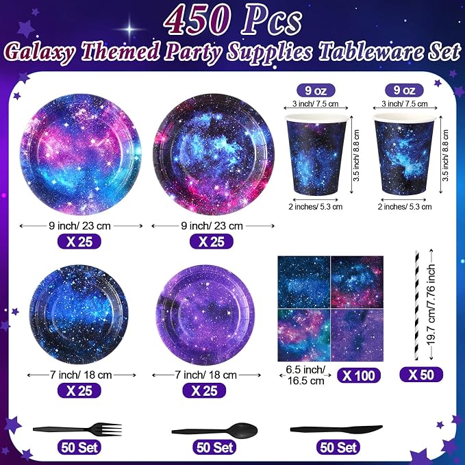450 Pcs Space Galaxy Tableware Set Decorations, Starry Sky Paper Plates Napkins - Image 2