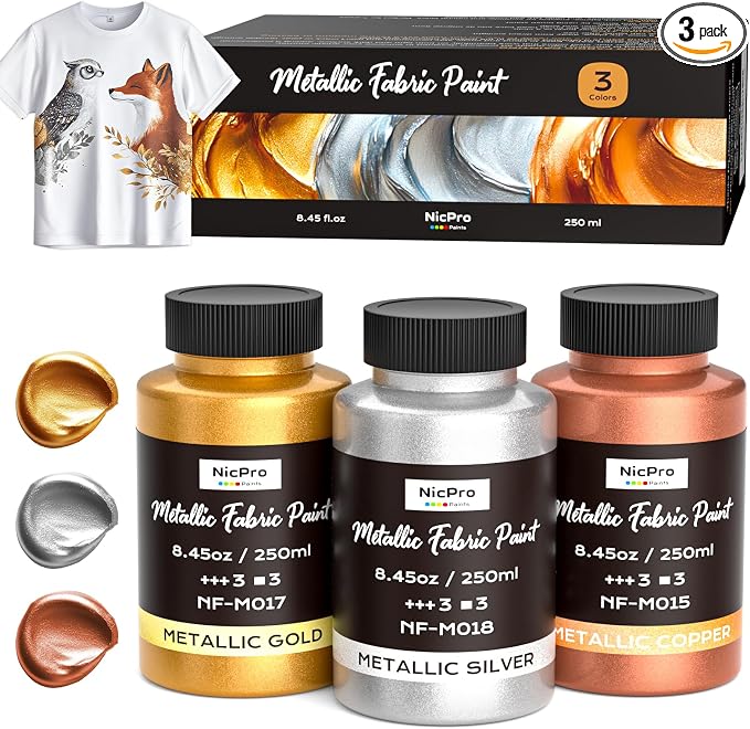 Nicpro Metallic Fabric Paint 3 Colors Gold, 25.35oz/750ml Permanent Soft Fabric by Nicpro