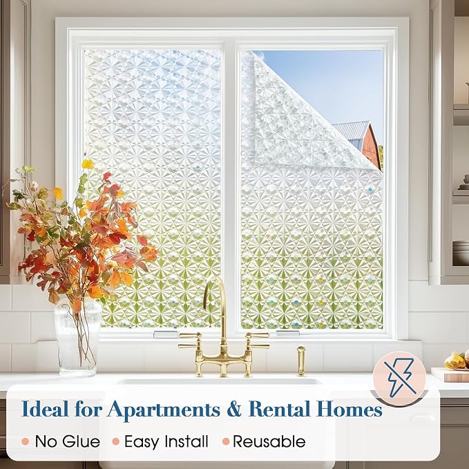 Windimiley Frosted Glass Window Privacy Film, 3D Diamond, 23.6" x 393.7" | - Image 3