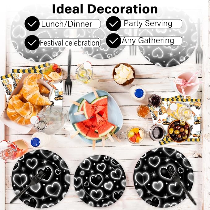 Qyeahkj 100 Pcs 2000s Party Plates Napkins Forks Set Black Heart Tableware - Image 6