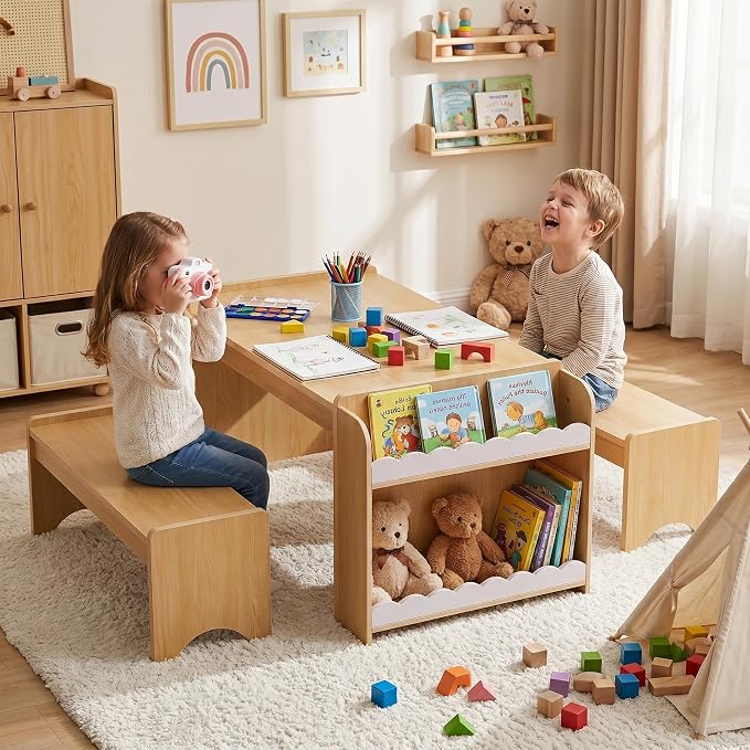 Kids Table and Bench Set, Montessori Kids Table and Chair Set, Indoor Wooden by Callales