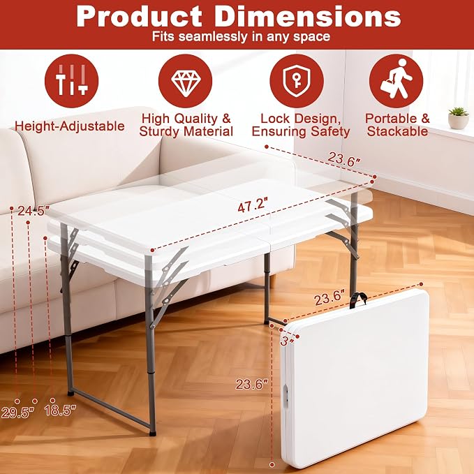 Elevon Folding Table, 4 Feet Heavy Duty Fold-in-Half Utility Table Indoor - Image 2