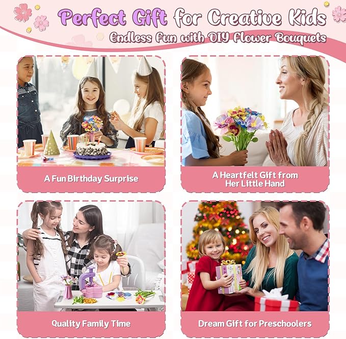 Fabric Flower Bouquets Toys – Mess-Free Flower Crafts for Kids & DIY Arts and Kid Crafts for Ages 3 4 5 6 7 8 9+, No Glue Needed, Fun Early Educational STEM Gift for Birthdays, Christmas, Holidays