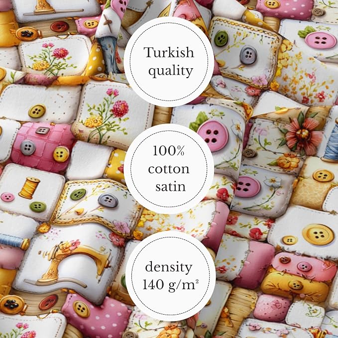 Vintage Sewing Notions Patchwork Cotton Fabric Panel 61 x 36.6 Inches, Buttons - Image 4