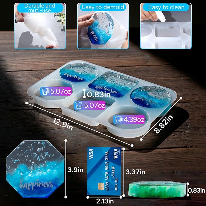 LET'S RESIN Extra Deep Coaster Resin Molds, 6 Cavity Round/Square/Octagon Shape - Image 3