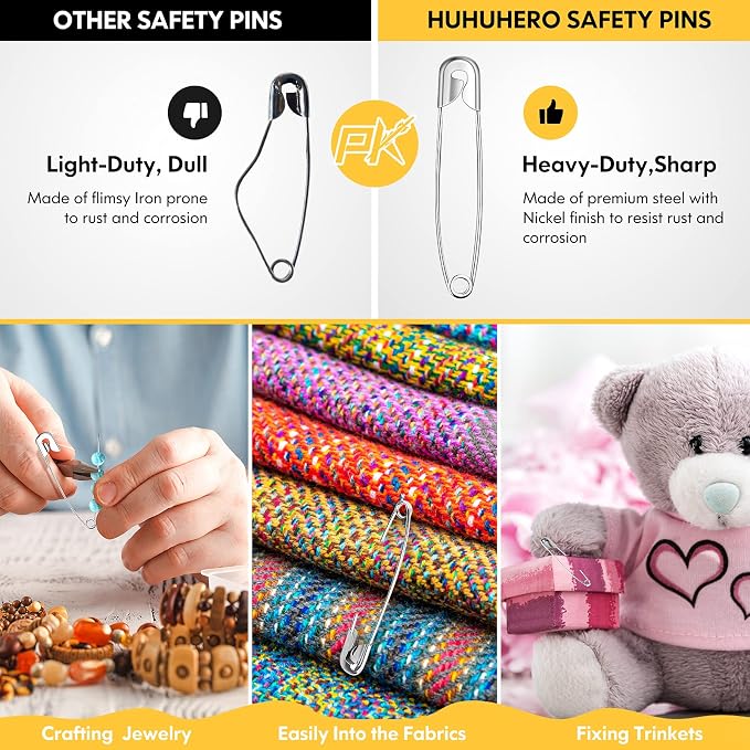 Huhuhero 340 Pack Safety Pins Assorted, Small & Large Heavy Duty Safety Pins - Image 4