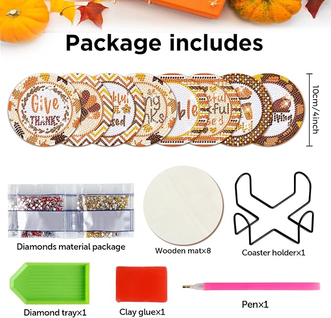8 Pcs Thanksgiving Day Fall Diamond Coasters Kits - Image 2