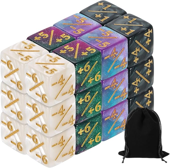 uxcell 24Pcs Magic Dice Counters, Acrylic D6 Life Token Dice Set with Pouch for Standard Cards Gaming Accessories, White Marble, Black Marble, Green & Purple, Blue & Purple