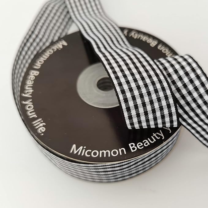 1 Inch Black and White Woven Edge Gingham Ribbon 25 Yards Each Roll 100% Polyester (1", Black)