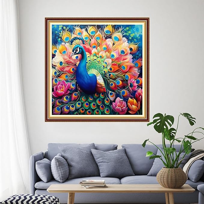 Funchey Stamped Cross Stitch Kits, DIY Cross Stitch Pattern for Adults Beginners Needlepoint Kits Embroidery Kit Arts and Crafts 11CT-Colorful Peacock Flower 18x18 inchs
